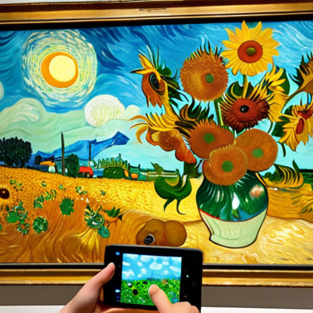 A visitor at the National Gallery using an AR app to view Van Gogh's "Sunflowers." Animated bees surround the painting, and interactive elements appear on the canvas, providing information about Van Gogh's life and painting techniques. The scene is modern and engaging, showcasing the fusion of art and technology.