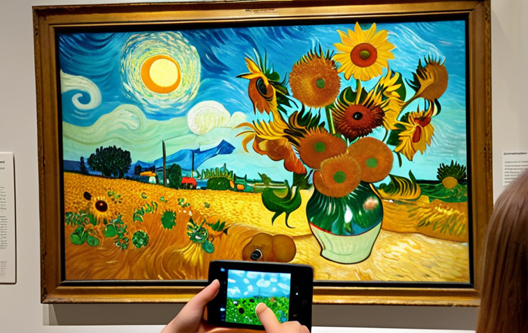 A visitor at the National Gallery using an AR app to view Van Gogh's "Sunflowers." Animated bees surround the painting, and interactive elements appear on the canvas, providing information about Van Gogh's life and painting techniques. The scene is modern and engaging, showcasing the fusion of art and technology.