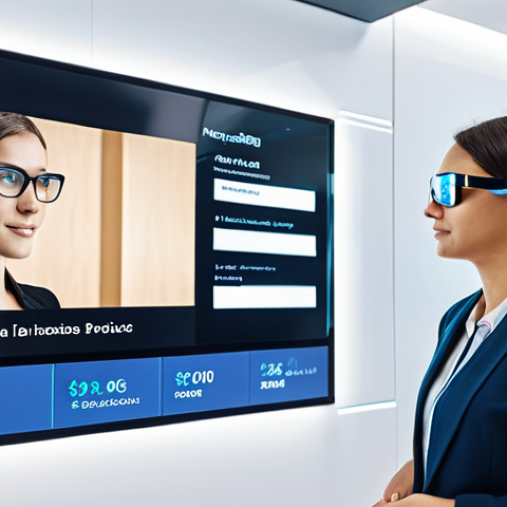 **Prompt:** A person wearing AR glasses stands inside a modern bank branch. Augmented reality overlays display personalized financial product information and interactive demos on nearby surfaces. The scene is bright and futuristic, emphasizing a customer-friendly banking experience.