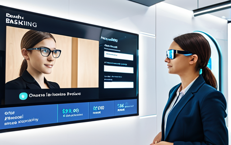 **Prompt:** A person wearing AR glasses stands inside a modern bank branch. Augmented reality overlays display personalized financial product information and interactive demos on nearby surfaces. The scene is bright and futuristic, emphasizing a customer-friendly banking experience.