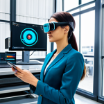 A professional engineer, fully clothed in a modest, smart casual outfit, wearing sleek augmented reality glasses. She is standing in a modern factory setting, observing and interacting with a translucent 3D overlay of complex machinery. The scene emphasizes enhanced productivity and precision, with a clean and well-lit background. Perfect anatomy, correct proportions, natural pose, well-formed hands, proper finger count, natural body proportions, safe for work, appropriate content, appropriate attire, professional dress, family-friendly, high-quality professional photography, futuristic, clean lines, bright lighting.