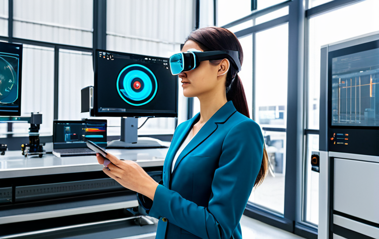 A professional engineer, fully clothed in a modest, smart casual outfit, wearing sleek augmented reality glasses. She is standing in a modern factory setting, observing and interacting with a translucent 3D overlay of complex machinery. The scene emphasizes enhanced productivity and precision, with a clean and well-lit background. Perfect anatomy, correct proportions, natural pose, well-formed hands, proper finger count, natural body proportions, safe for work, appropriate content, appropriate attire, professional dress, family-friendly, high-quality professional photography, futuristic, clean lines, bright lighting.