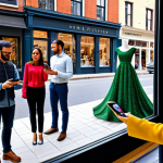 A diverse group of individuals and a family, fully clothed in modest, everyday attire, experiencing an augmented reality shopping scene on a vibrant, tree-lined local main street. One person holds a smartphone, seeing a virtual overlay of a dress on a mannequin in a boutique window, while another views a shimmering 3D jewelry piece. A nearby cafe window projects animated daily specials via AR. The scene is bright and inviting, showcasing historical brick buildings and bustling pedestrian activity, professional photography. perfect anatomy, correct proportions, natural pose, well-formed hands, proper finger count, natural body proportions, safe for work, appropriate content, fully clothed, family-friendly.