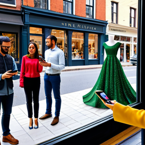 Home 25 A diverse group of individuals and a family, fully clothed in modest, everyday attire, experiencing an augmented reality shopping scene on a vibrant, tree-lined local main street. One person holds a smartphone, seeing a virtual overlay of a dress on a mannequin in a boutique window, while another views a shimmering 3D jewelry piece. A nearby cafe window projects animated daily specials via AR. The scene is bright and inviting, showcasing historical brick buildings and bustling pedestrian activity, professional photography. perfect anatomy, correct proportions, natural pose, well-formed hands, proper finger count, natural body proportions, safe for work, appropriate content, fully clothed, family-friendly.