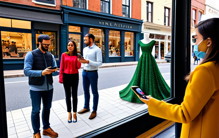 A diverse group of individuals and a family, fully clothed in modest, everyday attire, experiencing an augmented reality shopping scene on a vibrant, tree-lined local main street. One person holds a smartphone, seeing a virtual overlay of a dress on a mannequin in a boutique window, while another views a shimmering 3D jewelry piece. A nearby cafe window projects animated daily specials via AR. The scene is bright and inviting, showcasing historical brick buildings and bustling pedestrian activity, professional photography. perfect anatomy, correct proportions, natural pose, well-formed hands, proper finger count, natural body proportions, safe for work, appropriate content, fully clothed, family-friendly.