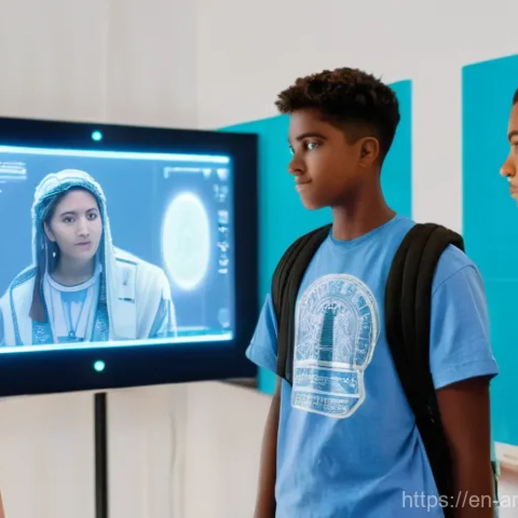 증강현실을 통해 경험하는 역사 교육 - **Prompt:** A diverse group of three teenagers, aged around 15, are in a brightly lit modern classro...