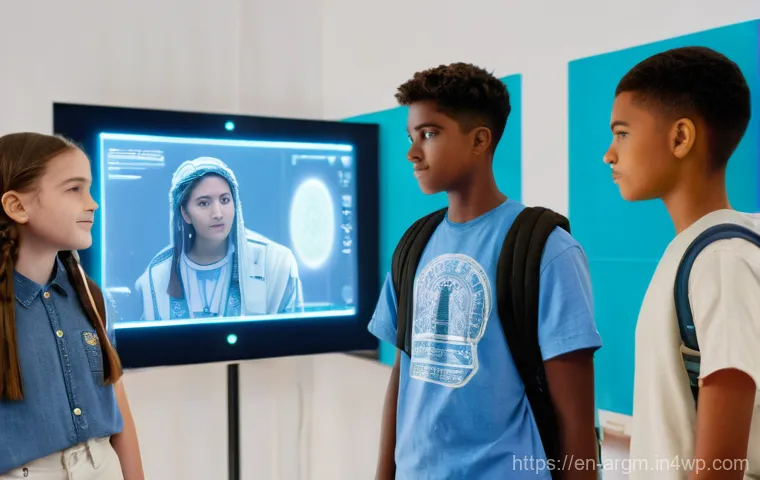증강현실을 통해 경험하는 역사 교육 - **Prompt:** A diverse group of three teenagers, aged around 15, are in a brightly lit modern classro...