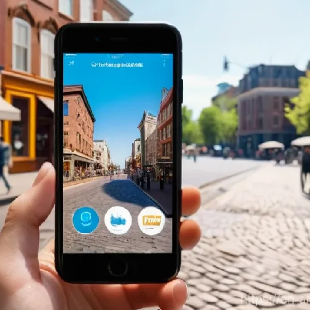 증강현실을 활용한 개인화된 여행 경험 - **AR City Navigation in a Historic District:** A dynamic, wide-angle shot of a traveler (late 20s to...