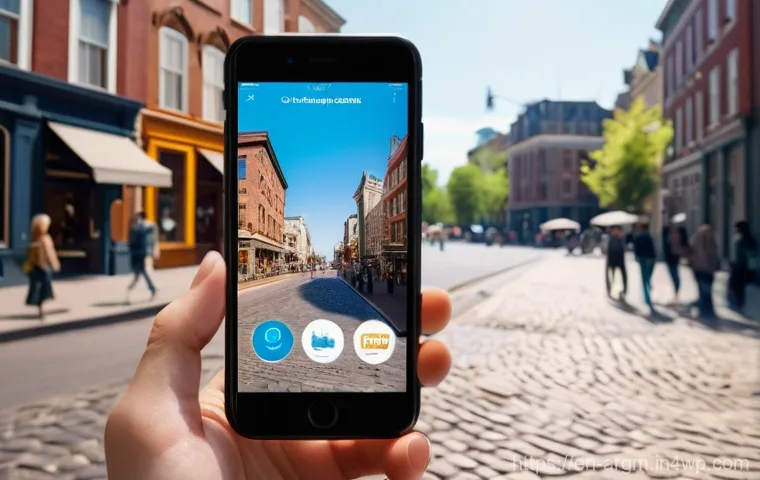 증강현실을 활용한 개인화된 여행 경험 - **AR City Navigation in a Historic District:** A dynamic, wide-angle shot of a traveler (late 20s to...