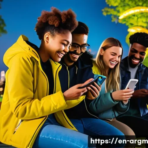 Home 31 증강현실 기반의 모바일 게임 성공 사례 - A diverse group of young adults wearing casual outdoor clothing and light jackets, enthusiastically ...