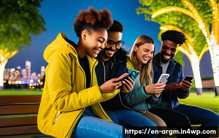 증강현실 기반의 모바일 게임 성공 사례 - A diverse group of young adults wearing casual outdoor clothing and light jackets, enthusiastically ...