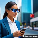 Home 18 증강현실과 웨어러블 기술의 조화 - A modern urban professional wearing sleek, lightweight augmented reality glasses and a stylish smart...
