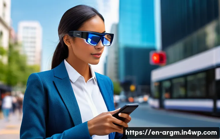 증강현실과 웨어러블 기술의 조화 - A modern urban professional wearing sleek, lightweight augmented reality glasses and a stylish smart...