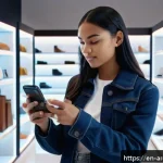 Home 23 증강현실과 가상 현실의 차이와 통합 사례 - A modern retail store scene featuring a diverse young woman using an augmented reality app on her sm...