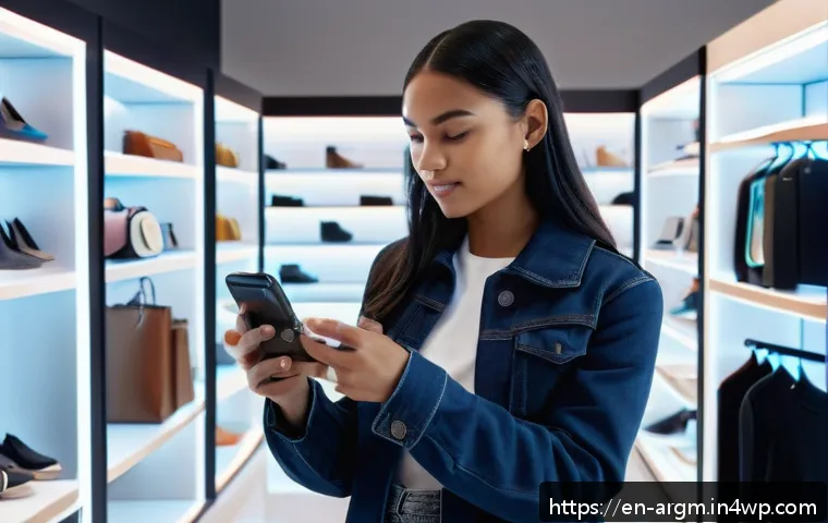 증강현실과 가상 현실의 차이와 통합 사례 - A modern retail store scene featuring a diverse young woman using an augmented reality app on her sm...