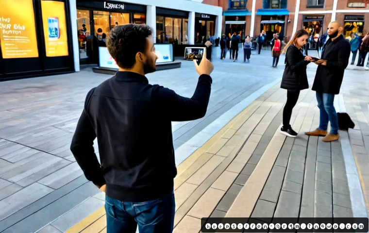 증강현실 기반의 소비자 참여 캠페인 - Photorealistic urban consumer engagement campaign, diverse group of adults in a bright American pede...