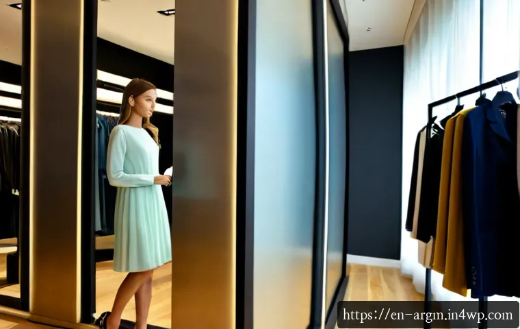 Home 17 증강현실을 통한 패션 트렌드 변화 - Photorealistic fashion boutique scene, stylish young adult using a sleek augmented reality mirror to...